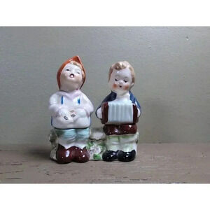 Antique Boy & Girl on Bench W/ Accordion Salt and Pepper Shakers Occupied Japan